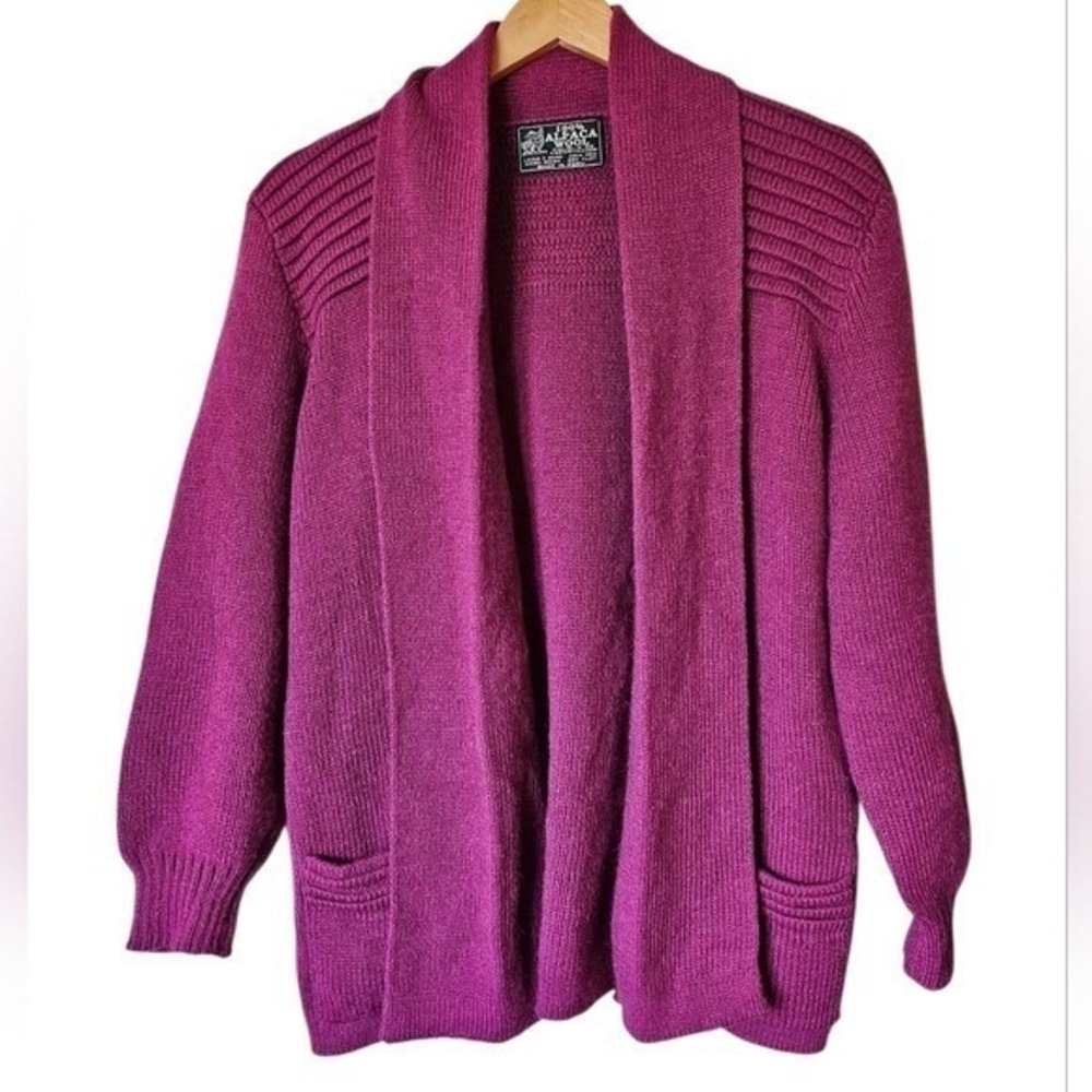 100% Alpaca Wool Peru Open Front Cardigan Shawl Collar Sweater Handmade Cozy